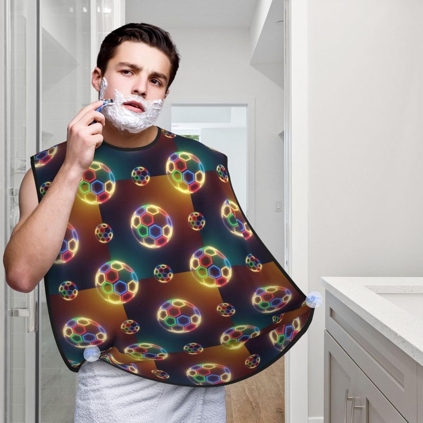 Ultimate Shaving Bib, Beard Trimming Apron with Hair Catcher, Football Ball Fire Soccer