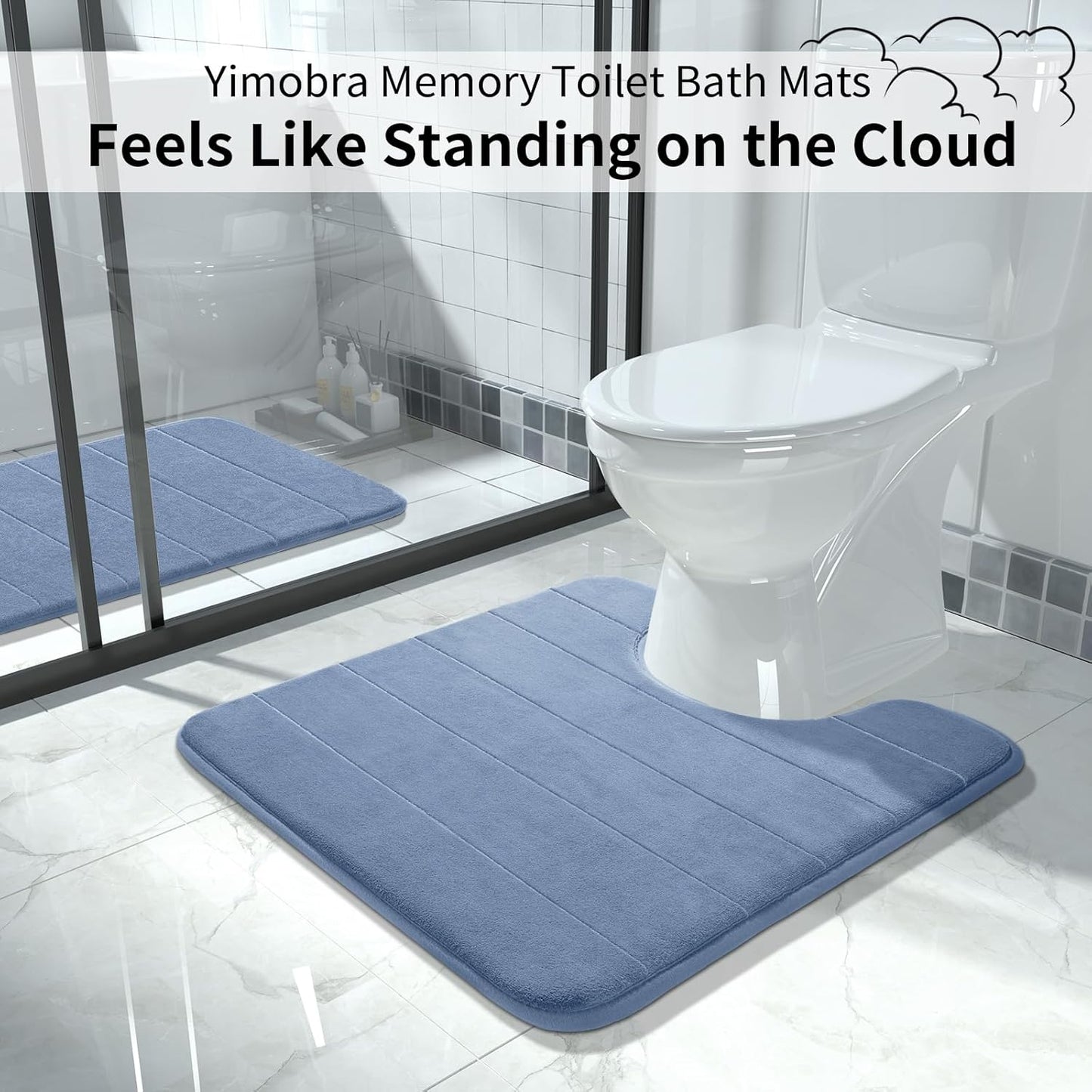 Yimobra Memory Foam Toilet Bath Mat U-Shaped, Soft and Comfortable, Super Water Absorption, Non-Slip, Thick, Machine Wash and Easier to Dry for Bathroom Commode Contour Rug, 24 X 24 Inches, Denim Blue