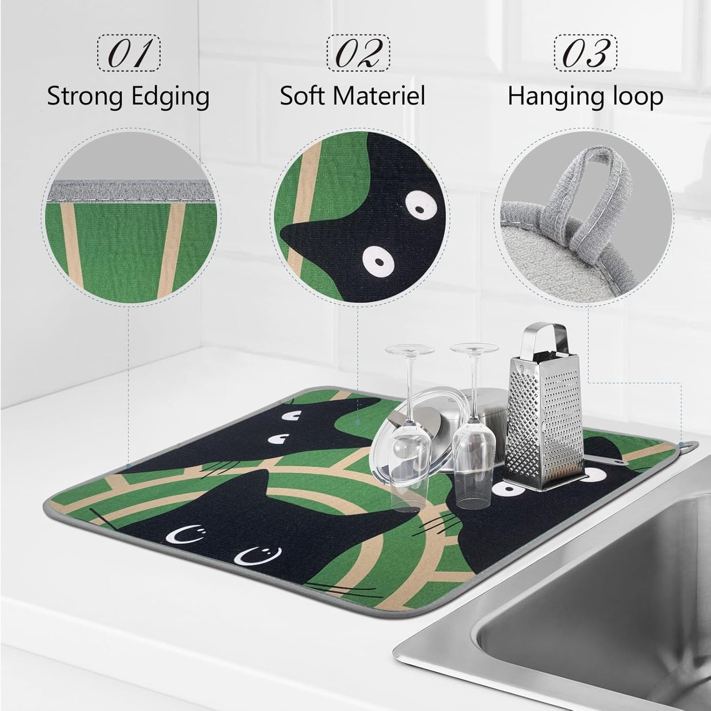 SHIYUE Dish Drying Mat for Kitchen Counter Super Absorbent Spring Kitchen Decor Microfiber Drying Matainers Rack Fast Pad Dish Drainer Mats(Three Cats,18''x24'')