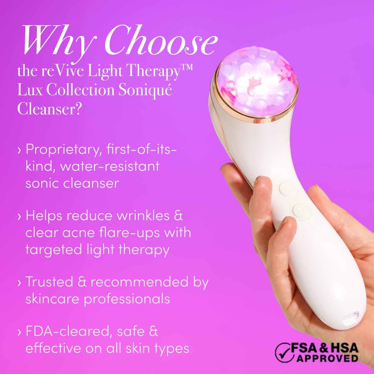 reVive Light Therapy LED Technologies | Lux Collection Soniqué Sonic | Facial Cleansing Brush | Red & Blue Light Therapy | Reduces Appearance | Acne & Wrinkles