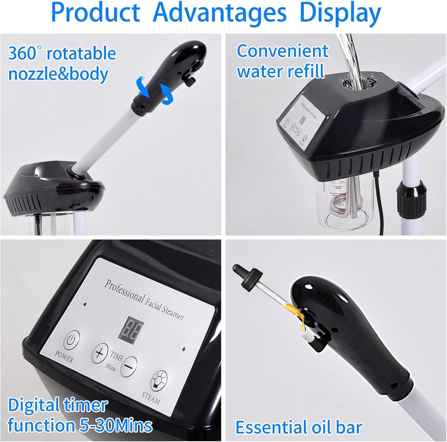 Professional Facial Steamer on Wheels, Facial Steamer for Facial Deep Cleaning, Facial Humidifier for Spa, Adjustable Height for Spa, Salon and at Home Use