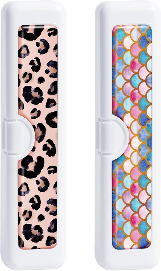 2 Pcs Toothbrush Travel Case - Colorful Pattern, Holder and Covers for Toothbrushes, Includes Tongue Scraper Case