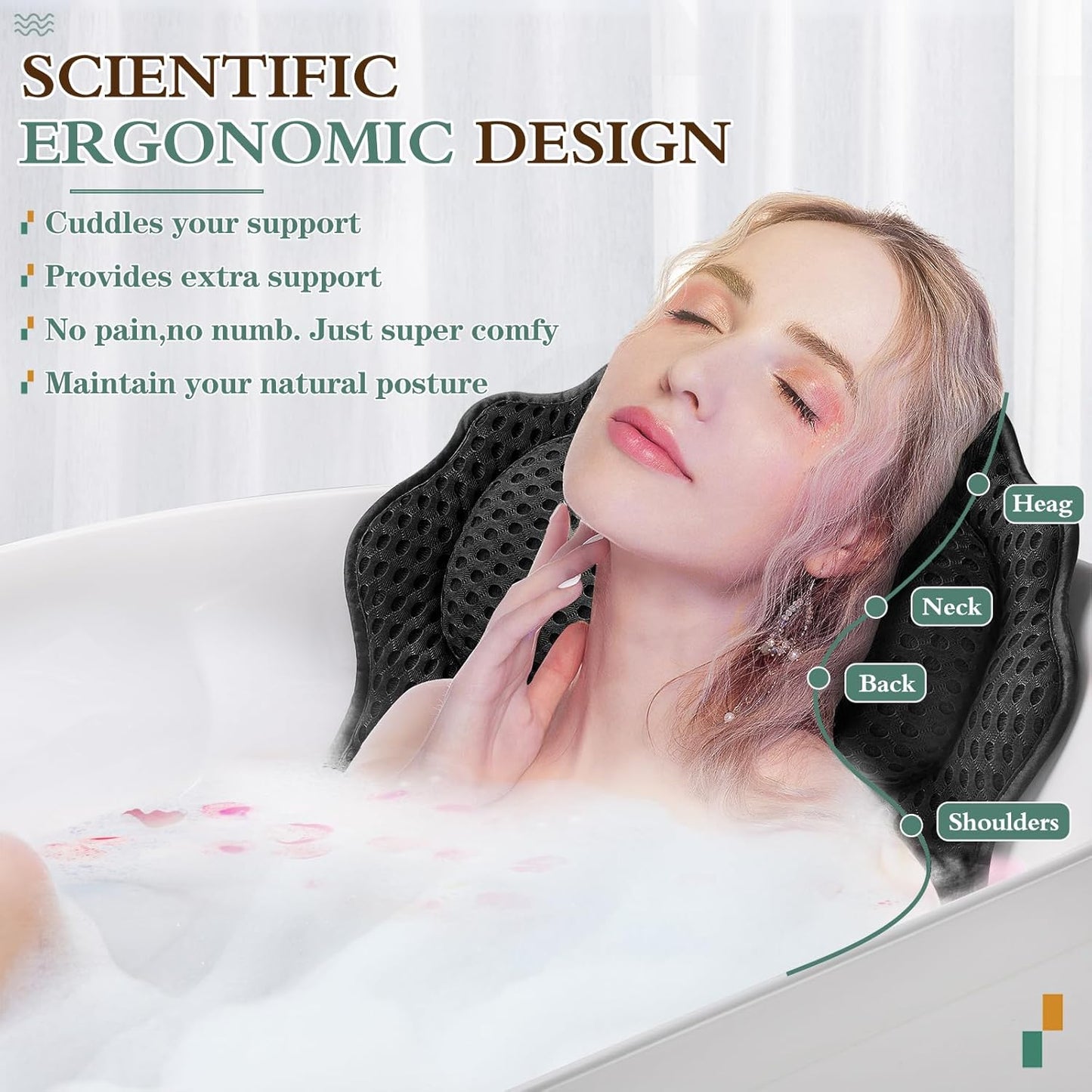 Bath Pillow RUVINCE Ergonomic Luxury Bathtub Pillow with Head,Neck, Shoulder and Back Support, 4D Bath Pillows for tub with 6 Powerful Suction Cups, Fits All Bathtub, Spa Tub, Hot Jacuzzi (Black)