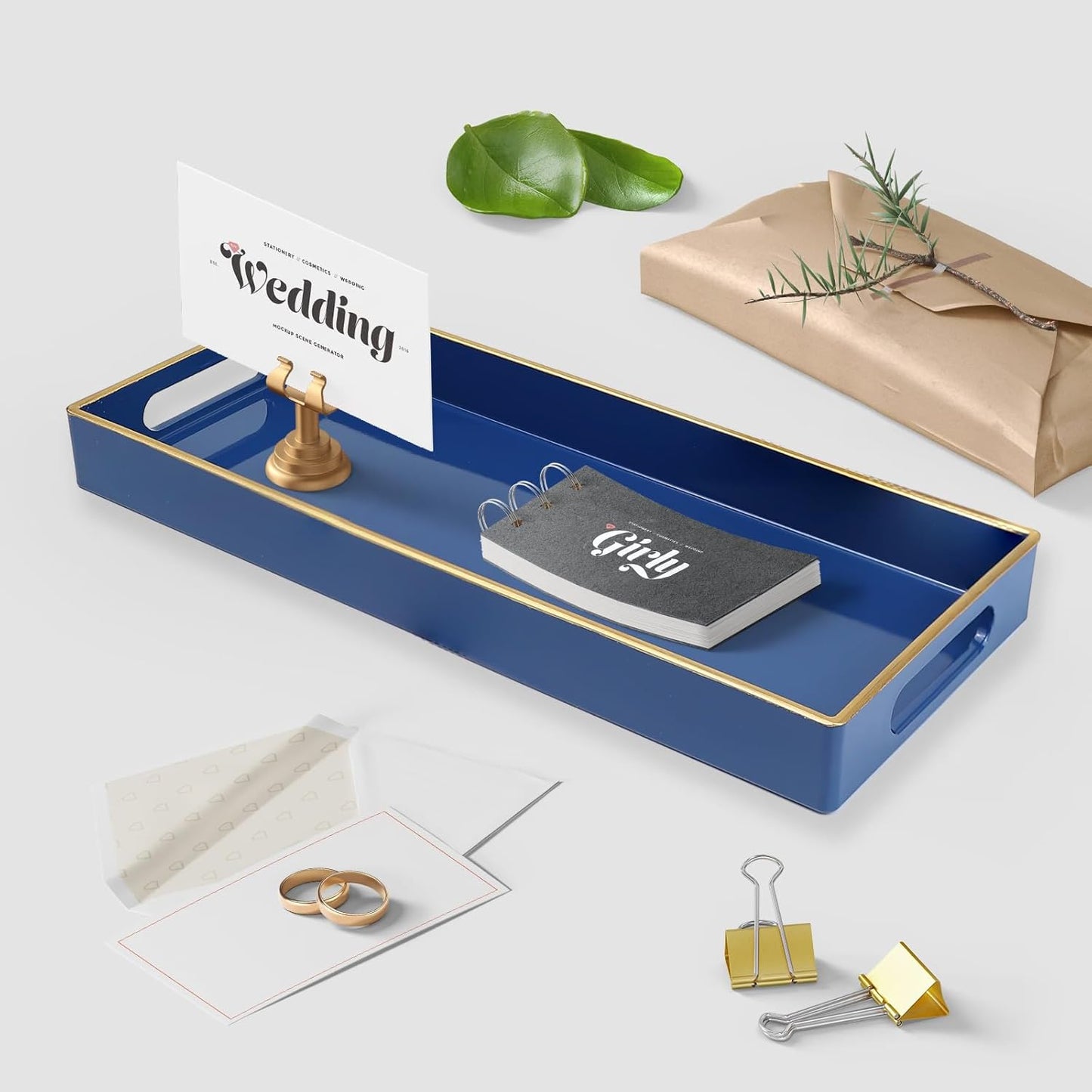 Blue Bathroom Vanity Tray for Countertop, Small Plastic Toilet Tank Versatile Storage & Organization Tray for Makeup, Perfume, Desk, Kitchen, Candles, 13.7"x6"x1.4", 35HB