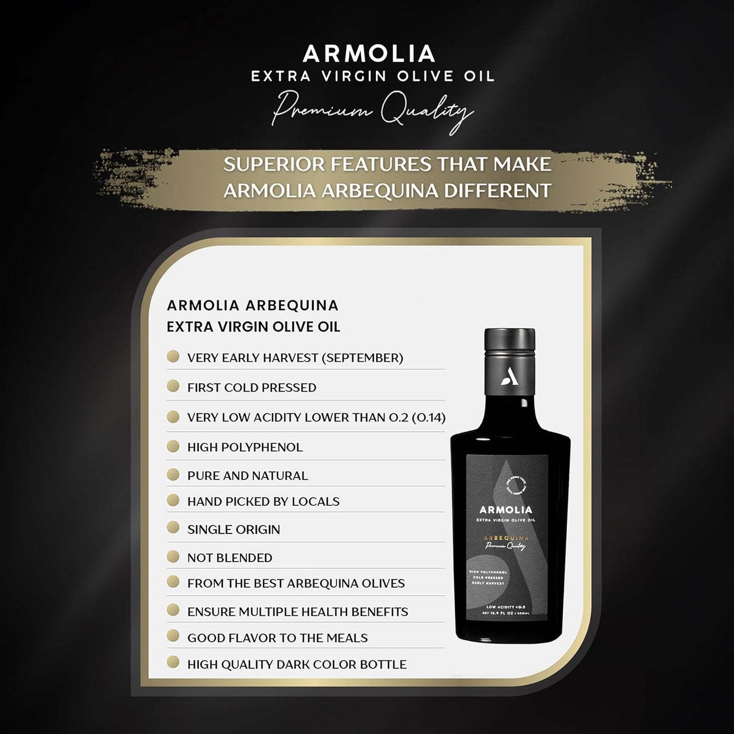 ARMOLIA 6-Pack Olive Oil Extra Virgin, Cold Pressed, Early Harvest, High Polyphenol (<400mg/kg), Low Acidity (0.14%), 2025 Gold Award Winner, Drinking Premium Glass Bottle EVOO ( 6 Pack x 500mL, 101.4 Oz )