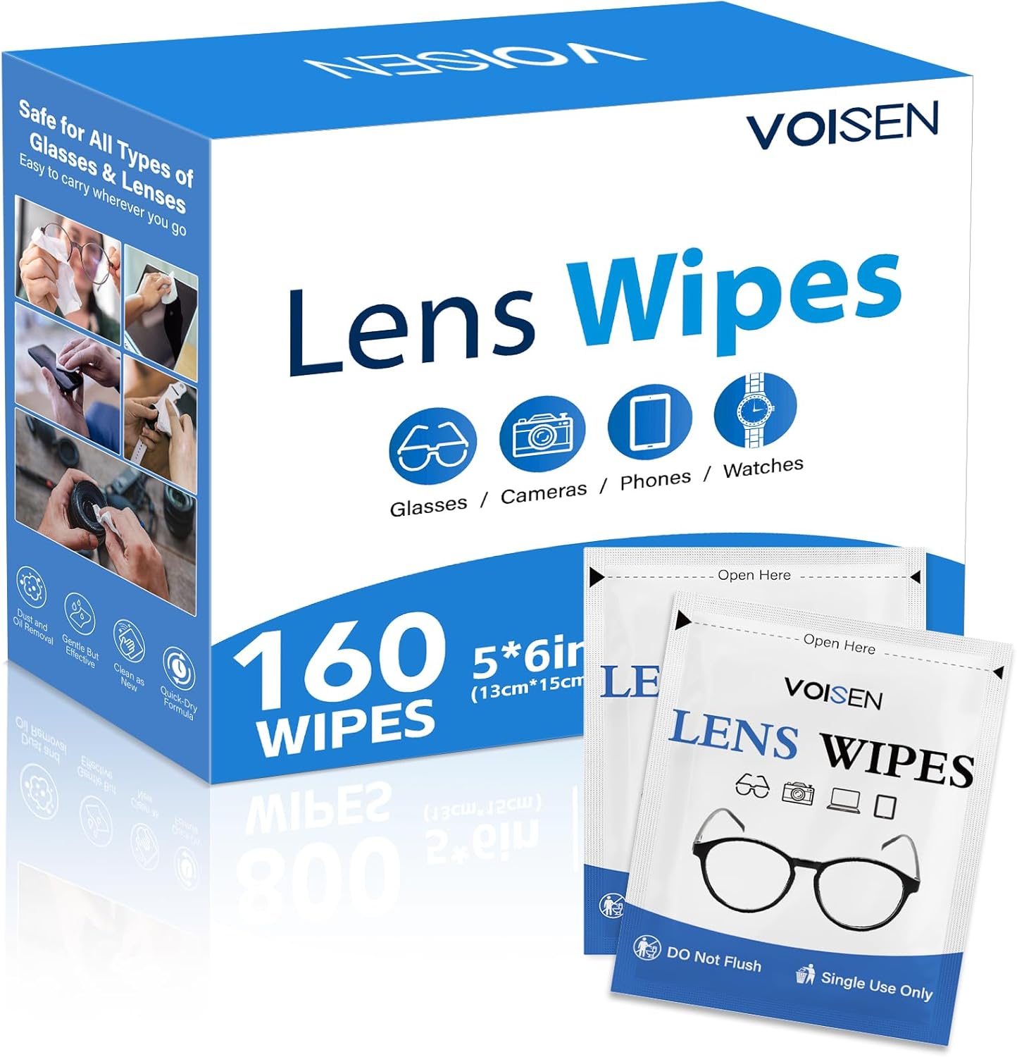 VOISEN Lens Wipes for Eyeglasses,160 Pack Eye Glasses Cleaner Wipes,Pre-Moistened Individually Wrapped Lens Wipes,Non-Scratching Non-Streaking,Safe for Eyeglasses, Goggles, Camera Lens, Phone