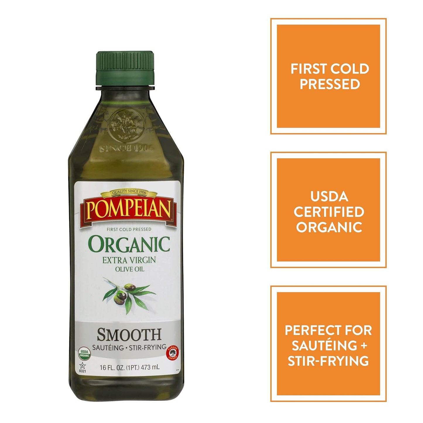 Pompeian USDA Organic Smooth Extra Virgin Olive Oil, Contains Polyphenols, First Cold Pressed, 16 Fl Oz