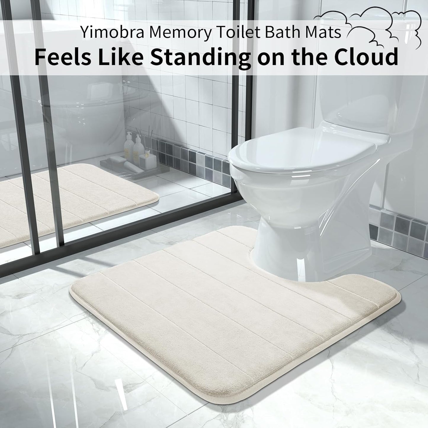 Yimobra Memory Foam Toilet Bath Mat U-Shaped, Soft and Comfortable, Super Water Absorption, Non-Slip, Thick, Machine Wash and Easier to Dry for Bathroom Commode Contour Rug, 24 X 24 Inches, Cream