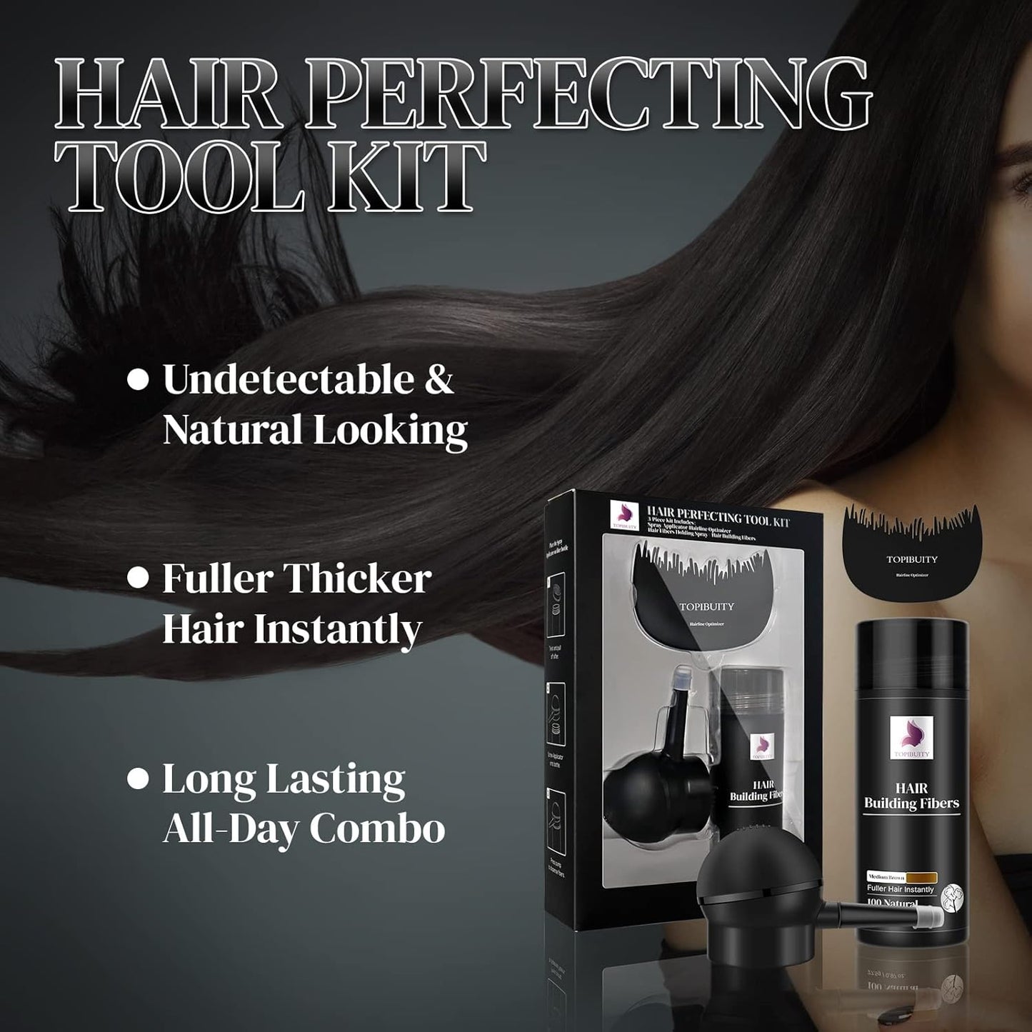 Hair Fibers & Applicator 3-in-1 Set - Natural Concealing Hair Thickening Fibers - Long-Lasting Spray with Accessory for Crisp Hairlines, Thicker Beard & Styling (medium brown)