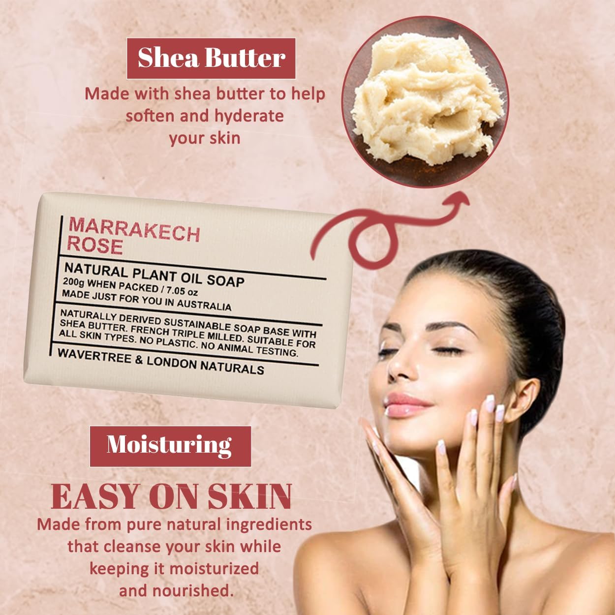 Wavertree & London Marrakech Rose Scented 100% Natural Soap Bar, 7oz Moisturizing French Triple Milled Soap Bar for Women & Men enriched with shea butter - Pure Bath & Body soap bar