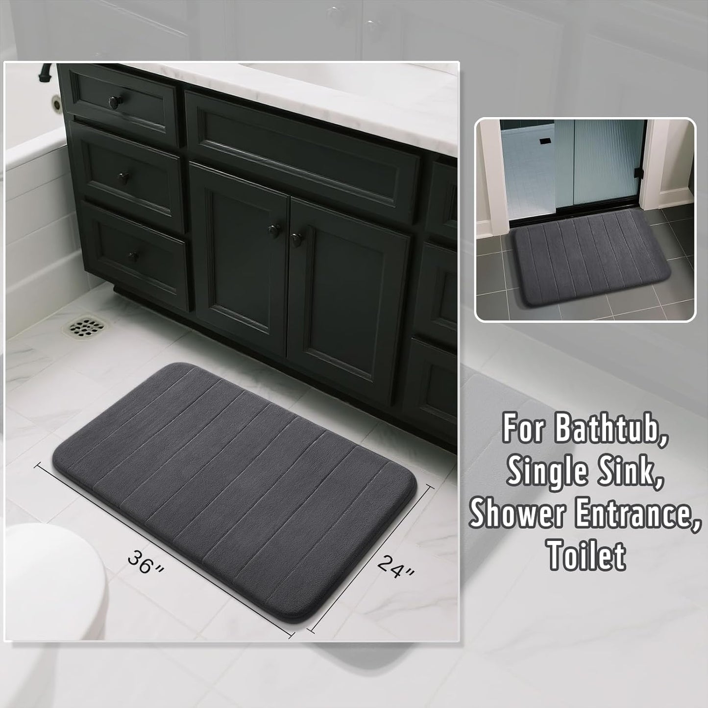 Yimobra Large Bath Mat 36"x24", Super Soft Quick Dry Memory Foam Bathroom Rug, Water Absorbent, Non Slip Backing Machine Washable for Tub Shower, Thick Comfort Support, Dark Gray