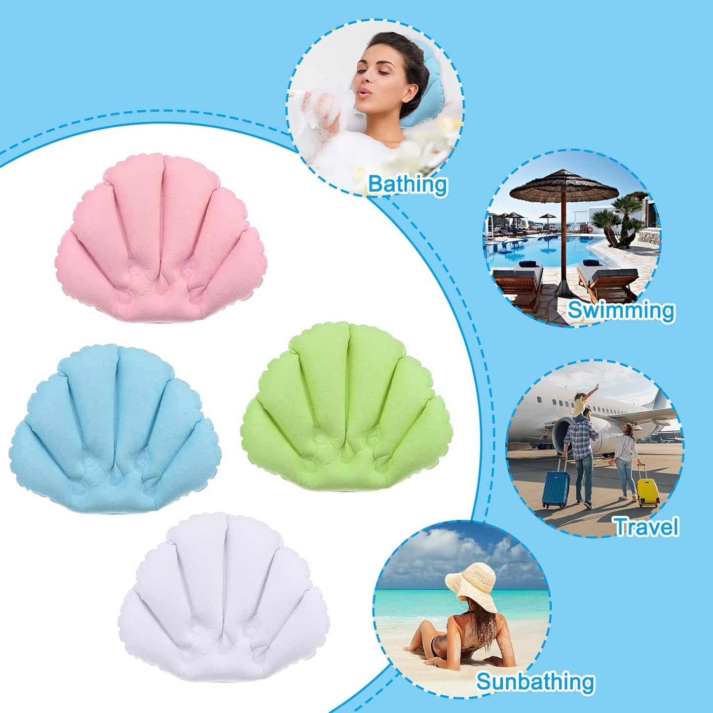 PATIKIL Inflatable Bath Pillow with Suction Cups, 2 Pack Terry Cloth Covered Shell Shape Bathtub Spa Pillow Neck Support for Bathtub Hot Tub, Pink