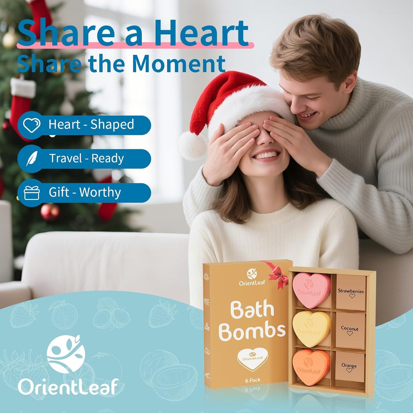 Bath Bombs Fruit Scented, Stocking Stuffers, Bath Bombs for Women and Girls Aromatherapy Bubble Bath, Strawberry, Orange, Coconut, 6 x 2 oz