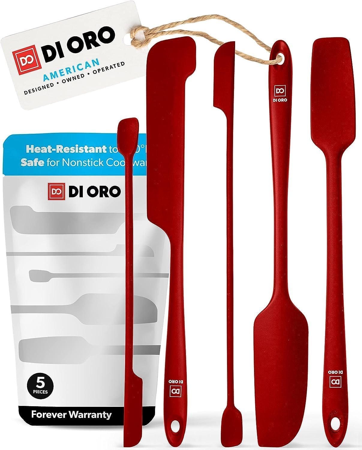 DI ORO Silicone Jar Spatulas for Scraping - Rubber Spatulas Silicone Heat Resistant - Kitchen Spatulas Nonstick Cookware Safe - Silicone Utensil Set for Blenders, Mixing, Baking, & Makeup (5pc, Red)