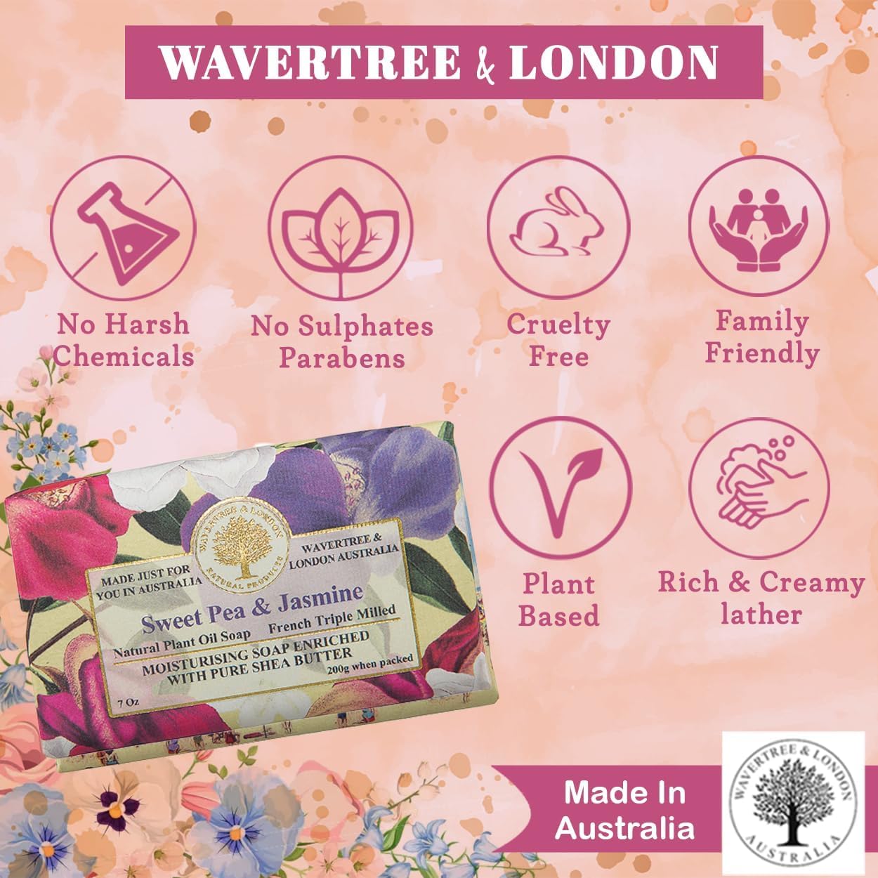 Wavertree & London Sweet Pea & Jasmine Scented Natural Soap Bar, 7oz Moisturizing French Triple Milled Soap Bar for Women & Men enriched with shea butter - Pure Bath & Body soap bar for All Skin Types