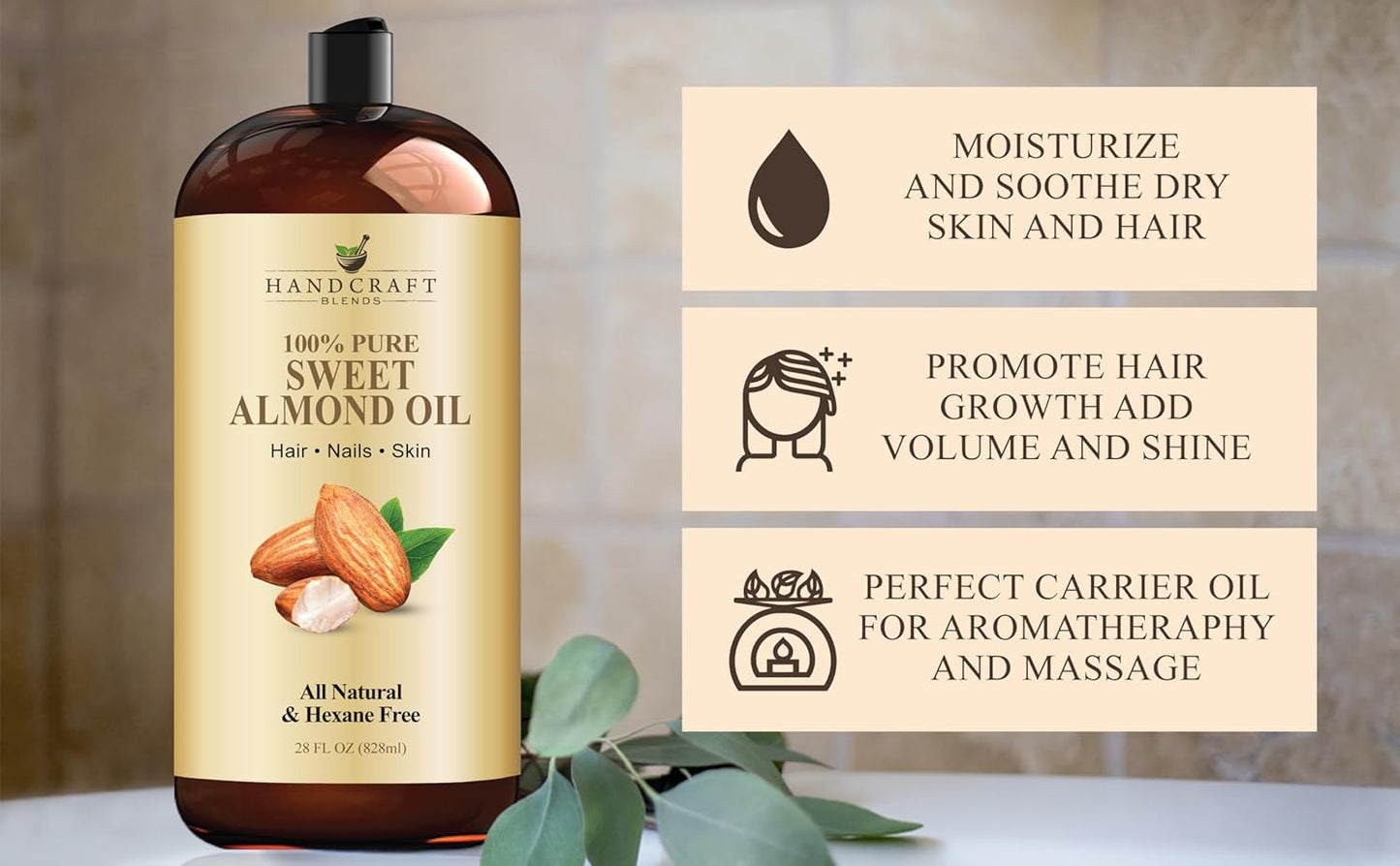 Handcraft Blends Sweet Almond Oil - 28 Fl Oz - 100% Pure and Natural - Premium Grade Carrier Oil for Skin and Hair - Hair and Body - Massage - Hexane-Free