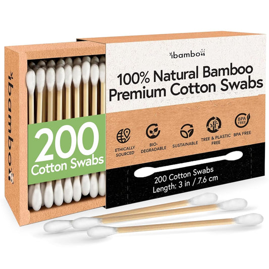 100% Bamboo Cotton Ear Swabs (200-Pack) | Double Tipped Ear Cotton Buds for Beauty & Personal Care | FSC Certified & Hypoallergenic | Suitable for All Ages & Pets | Biodegradable & Disposable