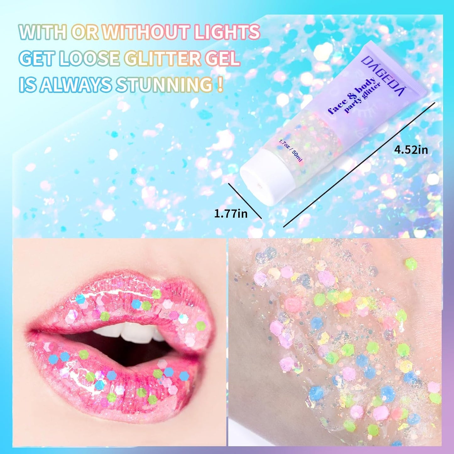 DAGEDA Rainbow Body Glitter Gel, Face Glitter for Pride Day Makeup Sequins Shimmer Eyeshadow, Chunky Glitter for Face Hair, Holographic Cosmetic Laser Powder Festival Glitter Makeup1.7oz (Candy Color)