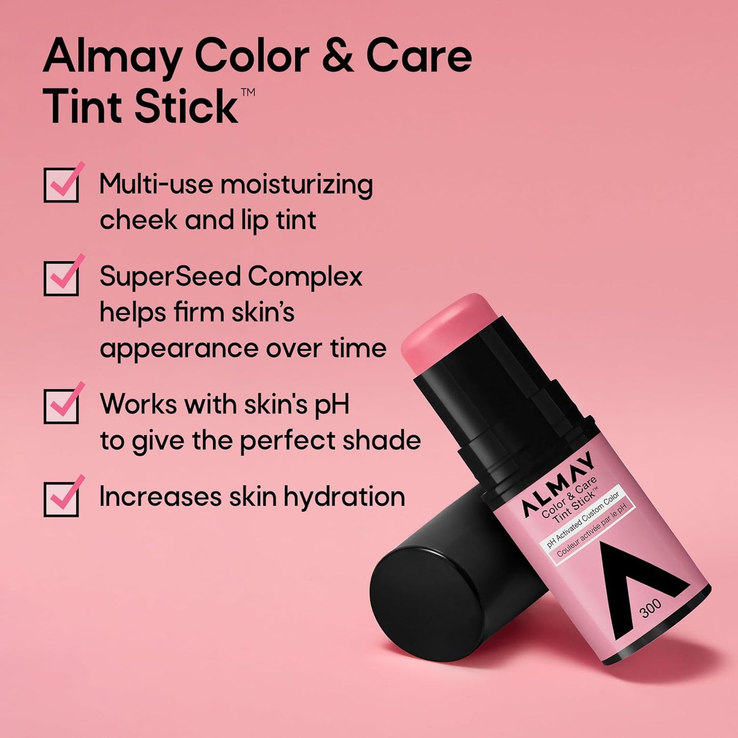 Almay Lip and Cheek Tint, Color & Care Tint Stick, Multi-Use Moisturizing Blush and Lip Color, Dewy Finish, 300 Rose Flush, 0.25 oz