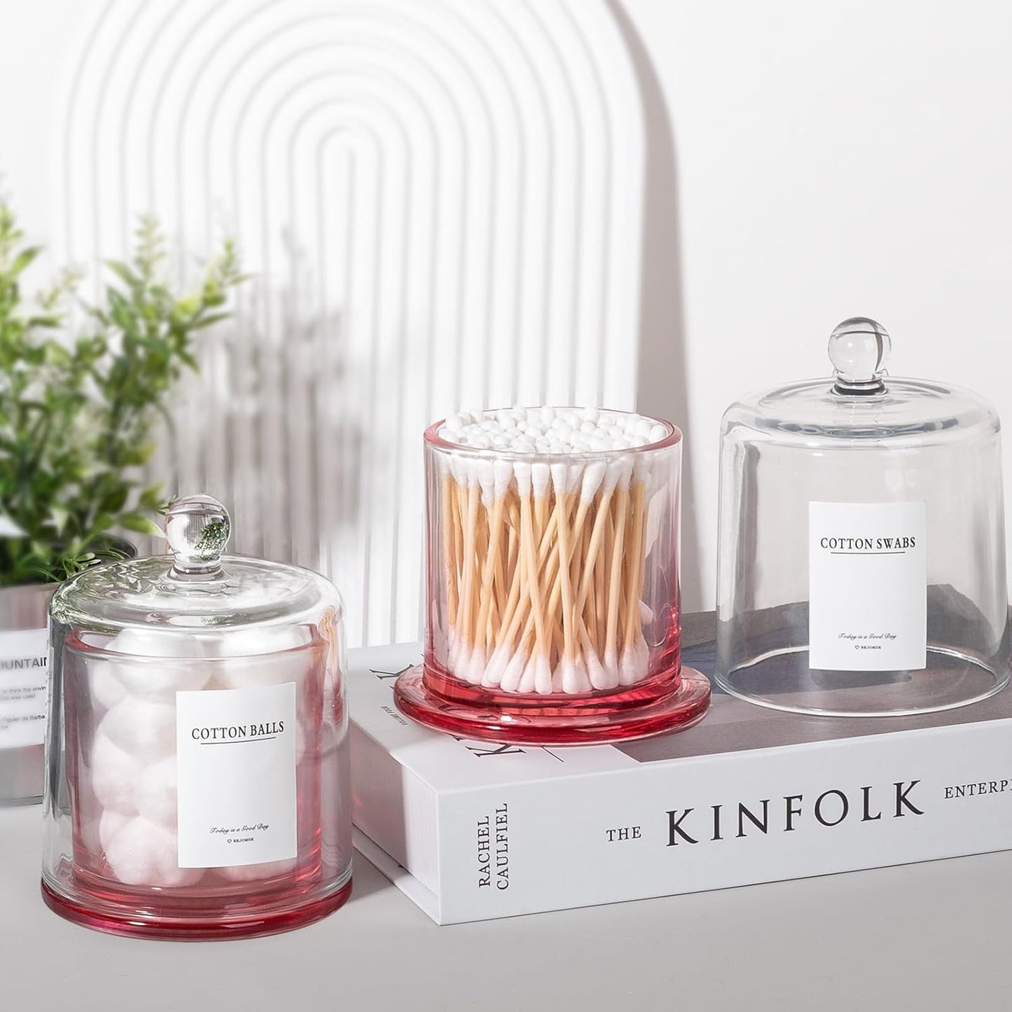 rejomiik 2 Pack Qtip Holder Thick Glass Apothecary Jars with Lid for Bathroom Accessories Vanity Organizers and Makeup Storage for Cotton Ball, Swabs, Makeup Sponges, Candy, Jewelry, Pink