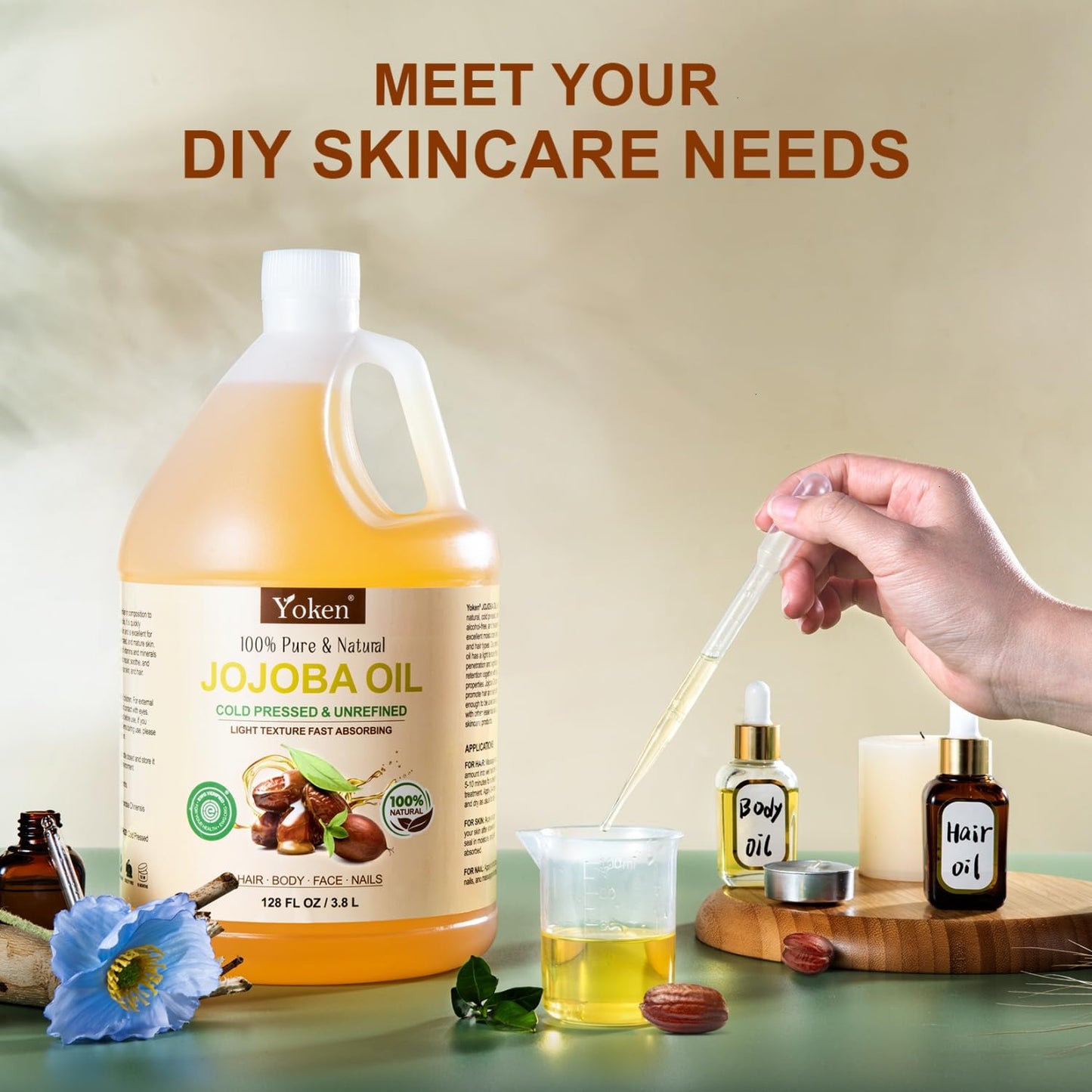 Yoken 1 Gallon Jojoba Oil EWG Verified - 100% Pure Jojoba Oils Bulk Cold Pressed Unrefined Hexane Free Virgin Golden jojoba Carrier Oil for Hair Skin Massage DIY Natural Body Moisturizer