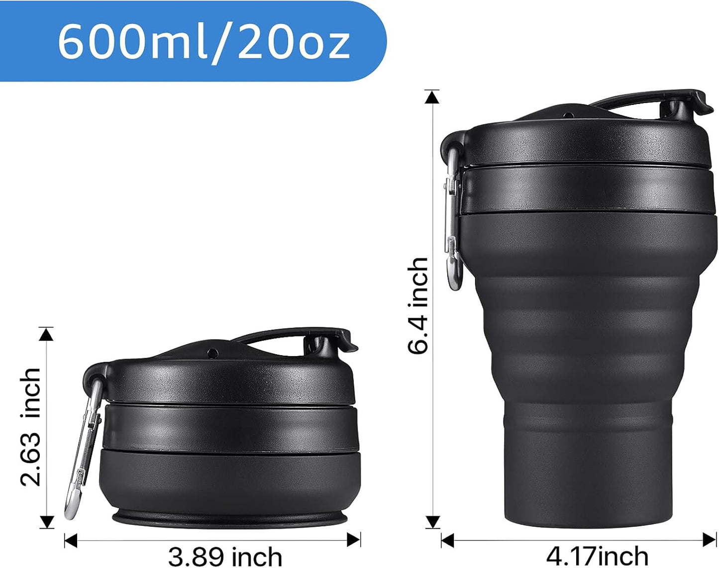 Collapsible Cup for Traveling, 20 OZ 600ml Large Silicone Folding Camping Mug, Leak Proof BPA Free Portable Reusable Bottle for Coffee, Tea, Water, Camping, Hiking, Outdoor (Black)