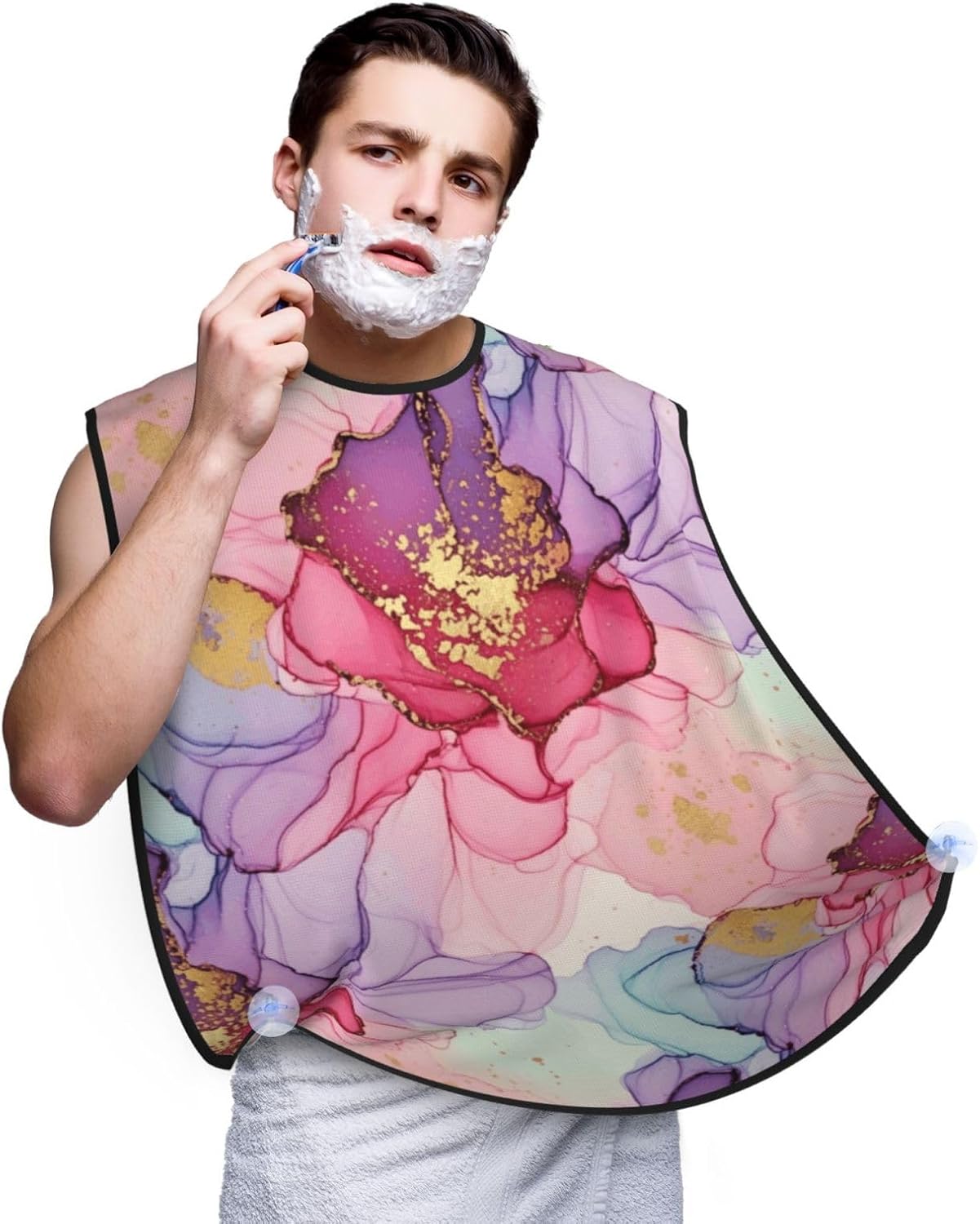 Non-Stick Beard Bib for Shaving, Pink Gold Marble Ink Art Painting Watercolor Shave Bib, Waterproof Hair Catcher with Suction Cups, Grooming Apron Men Husband