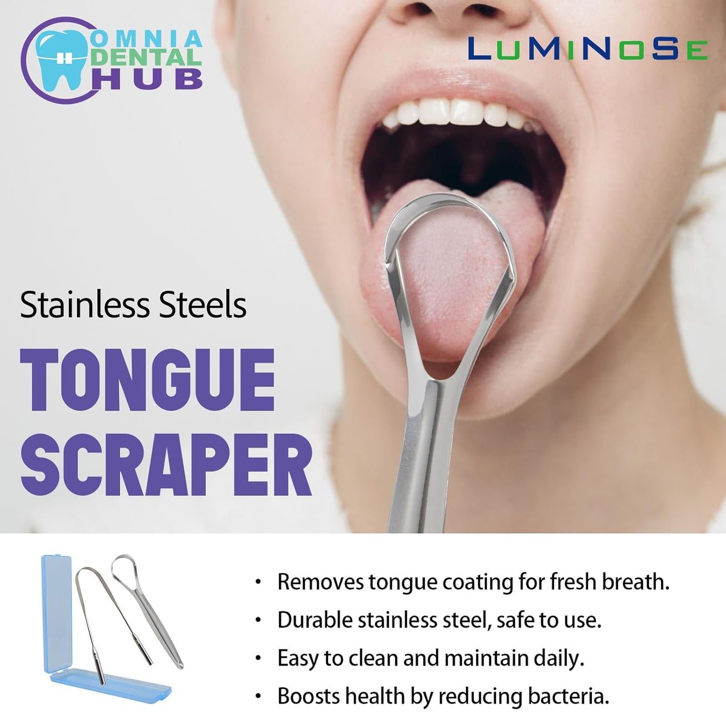 2PCs Medical Grade Tongue Scraper by Omnia One | Stainless Steel Tongue Cleaner, Metal Tongue Scraper with Travel Bag | Tongue Scrubber for Bad Breath, Boost Oral Hygiene