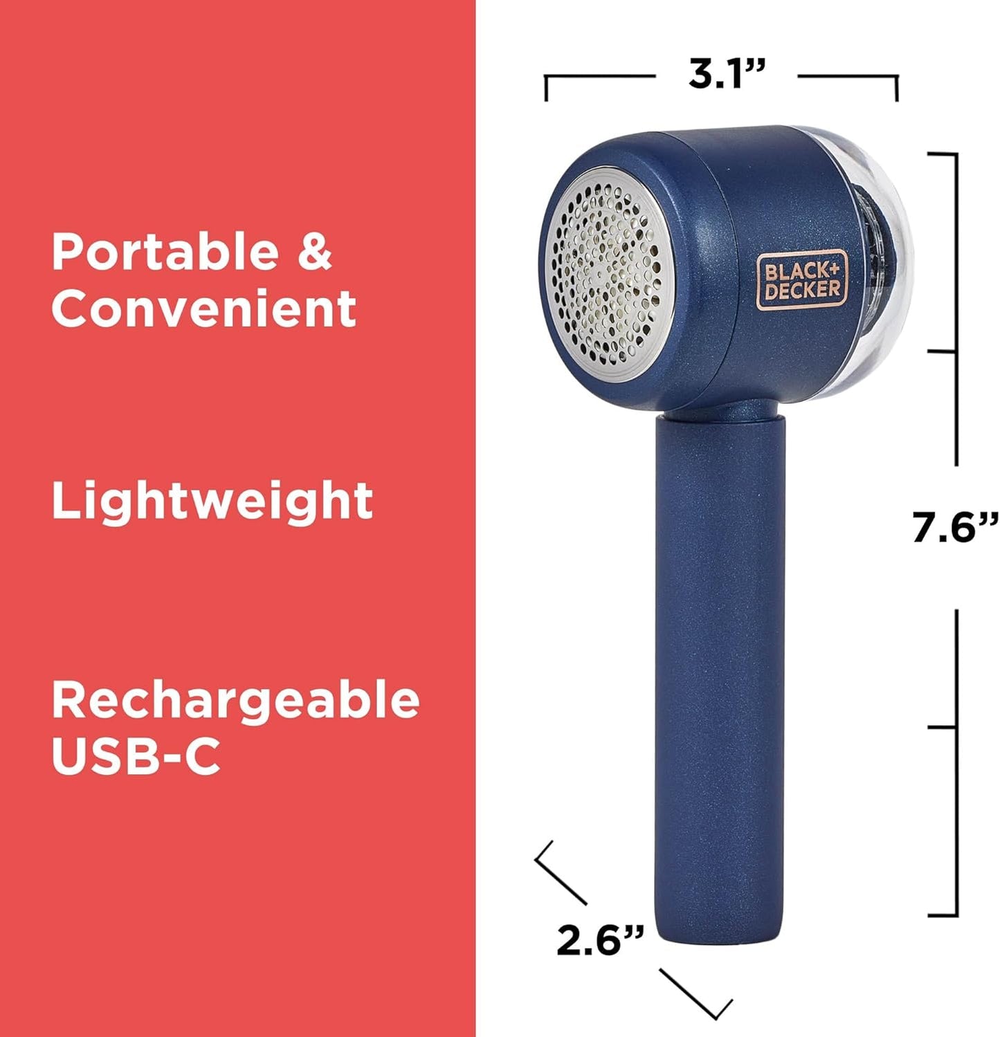 BLACK+DECKER Rechargeable USB-C Fabric & Garment Shaver – Large Capacity Lint Remover for Clothing and Upholstery, 6 Stainless Steel Blades