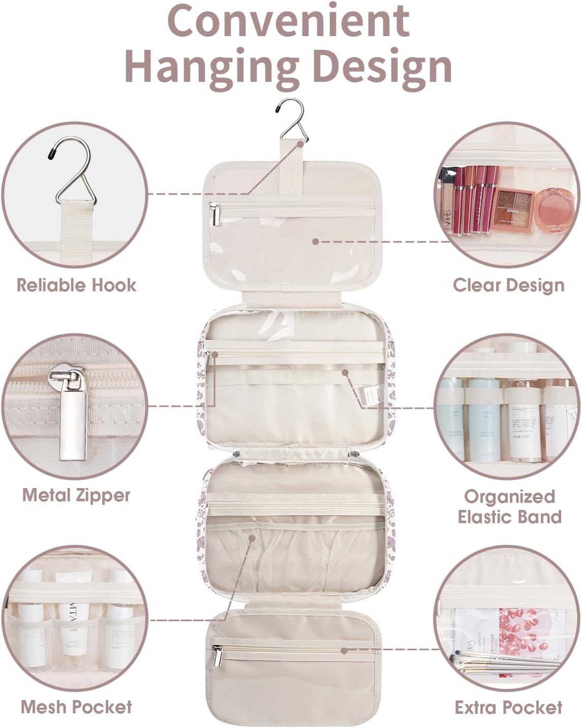 Narwey Hanging Floral Toiletry Bag for Women Travel Makeup Bag Organizer Toiletries Bag for Travel Size Essentials Accessories Cosmetics (Little Dusty Pink Flower (Medium))