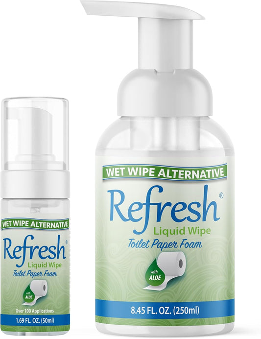 Refresh Liquid Wipe: Toilet Paper Foam. Eco-Friendly Wet Wipe Alternative with Witch Hazel and Aloe. Plumbing and Septic Safe. 250ml/50ml (10.14 Fl Oz Total) Combo Pack