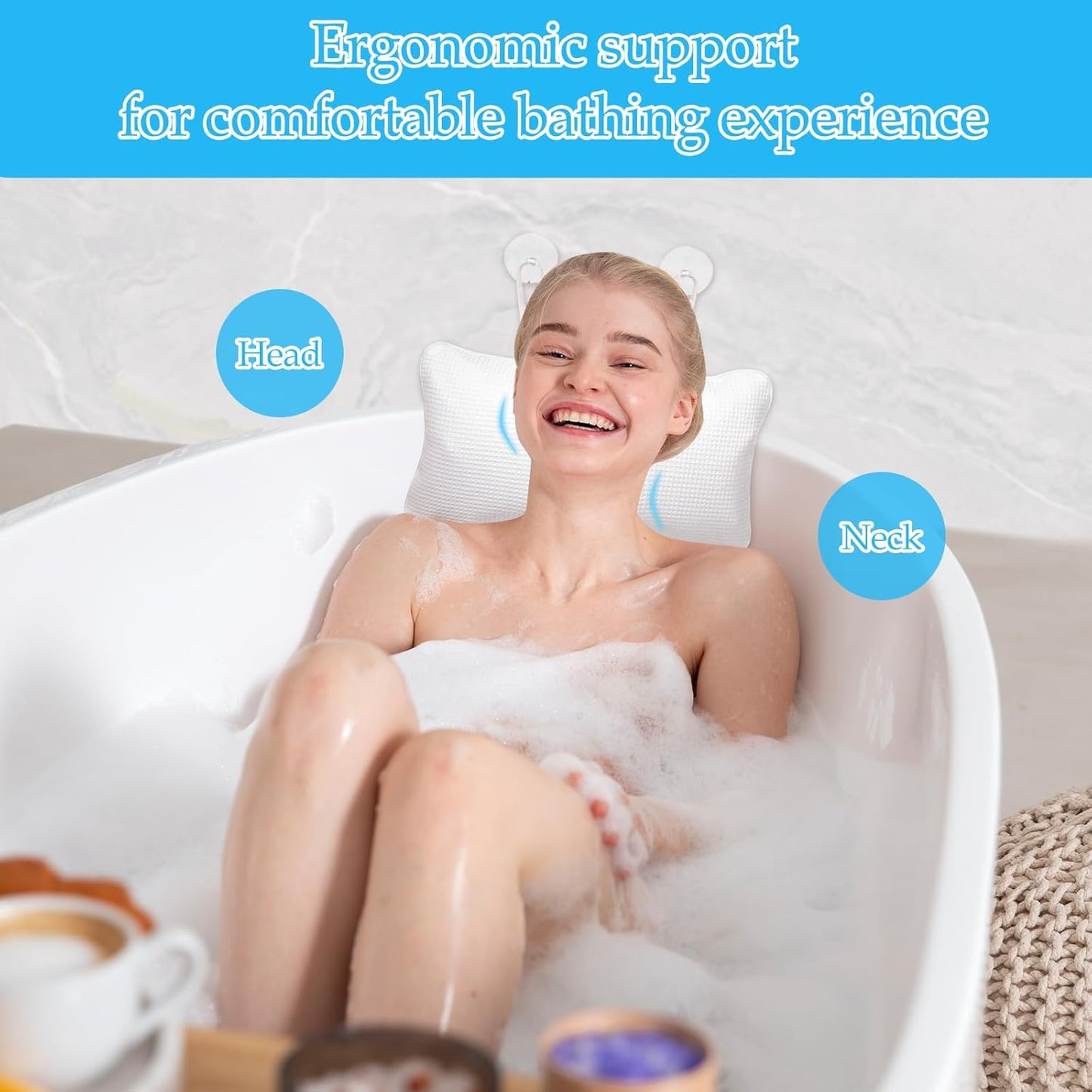 EORTA Inflatable Bathtub Pillow Anti-Slip Aerated Bath Pillow with Suction Cup Spa Bath Cushion for Head Neck Rest Relax, Home, Bathroom, White, 13.8"X7.8"