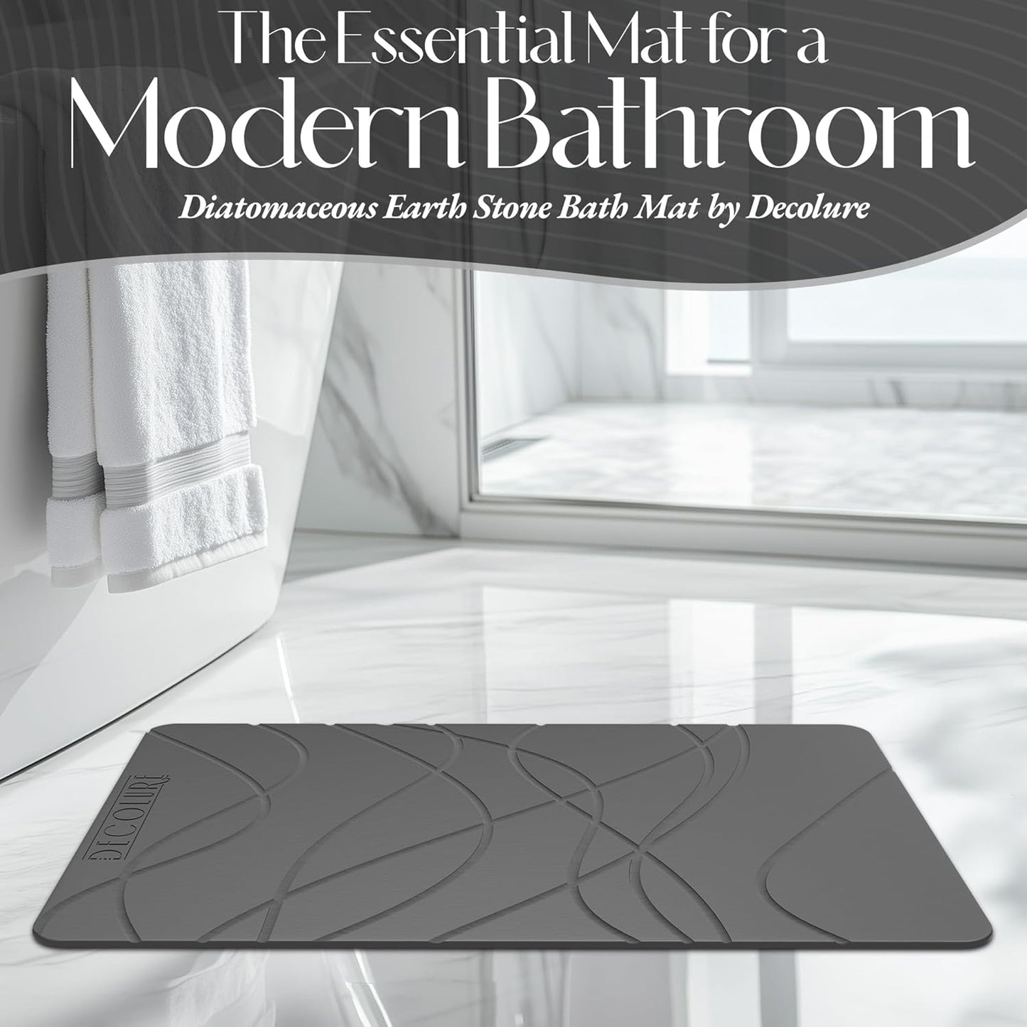 DECOLURE Stone Bath Mat Large, Quick Dry & Non-Slip Diatomaceous Earth Shower Mat for Bathroom, Luxurious & Easy to Clean Diatomite Stone Mat for Bathroom, Kitchen, High Density (Large, Grey)