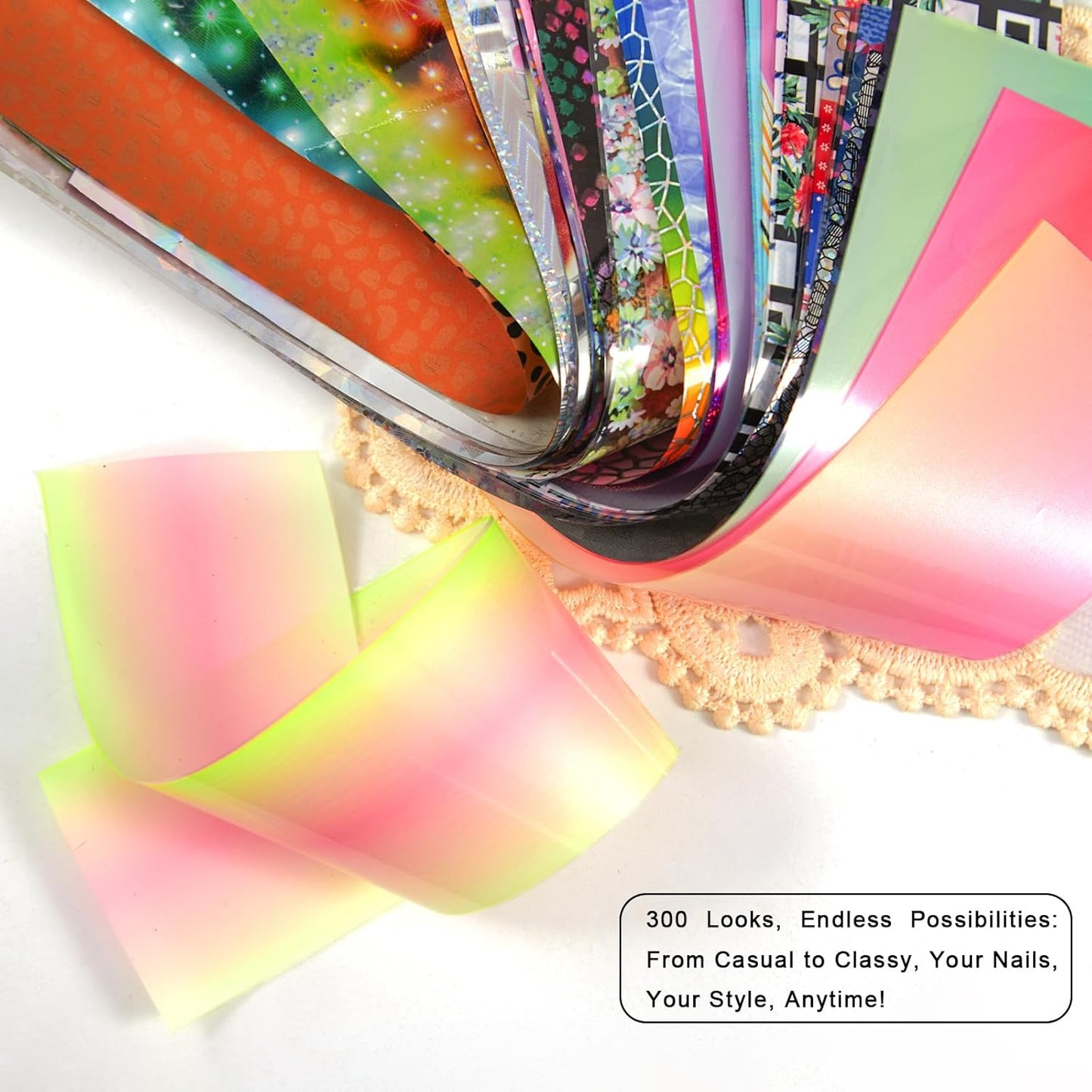 WOKOTO 300 Sheets Nail Foils Transfer Kit, Holographic Flower Marble Foil Sheets for Nail Art Transfer Paper, 1 Set for All Various Designs Nail Foil Transfer for Women Girls Nails