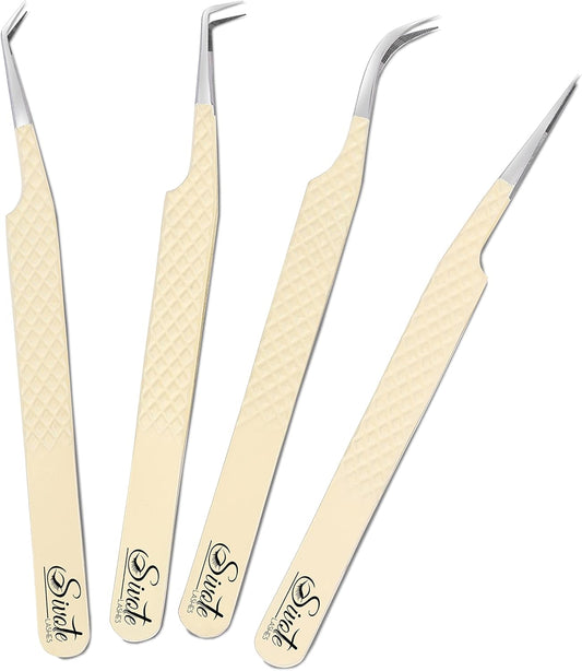 SIVOTE Fiber Tips Lash Tweezers for Eyelash Extensions, Set of 4, Curved, Dolphin, 90 Degree & 45 Degree Tweezer, Vanilla