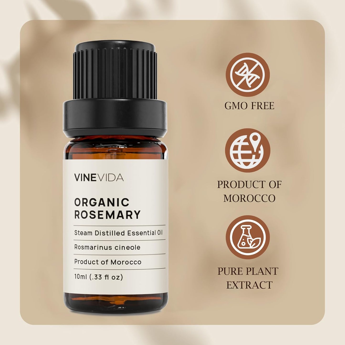 VINEVIDA Organic Rosemary Essential Oil 10 mL - Pure, Undiluted, Vegan, Reusable Glass Bottle with Euro Dropper for DIY Projects