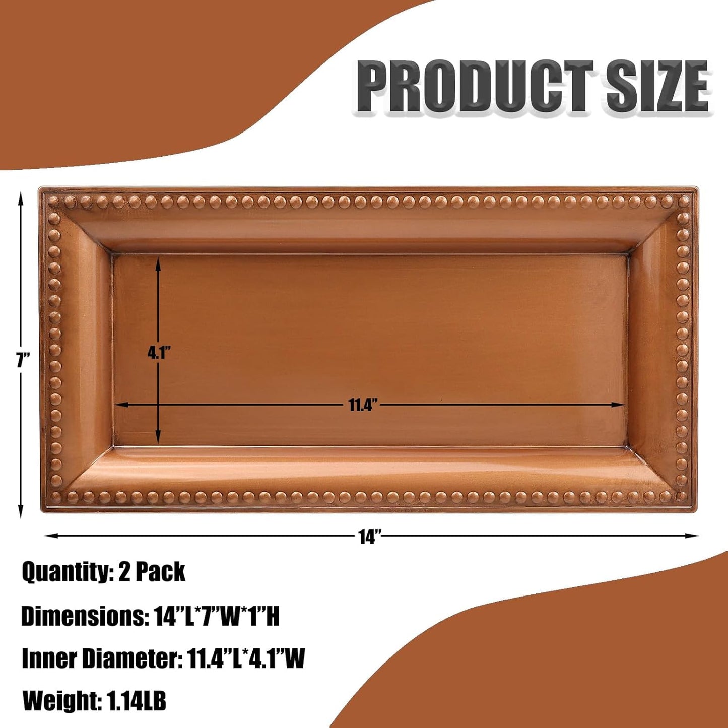 2 Pack Bronze Bathroom Vanity Tray for Countertop with Beads, Small Plastic Toilet Tank Versatile Storage Organization Tray for Makeup, Perfume, Desk, Kitchen, Candles, 14"x7"x1", 36GT