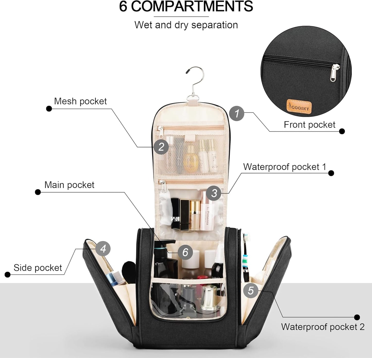 Hanging Travel Toiletry Bag for Women and Men, 6 Organizer Compartments, Large Toiletries essentials, Bathroom Cosmetic Accessories, Water-resistant Makeup Bag, Holds Full-Size Shampoo, Black