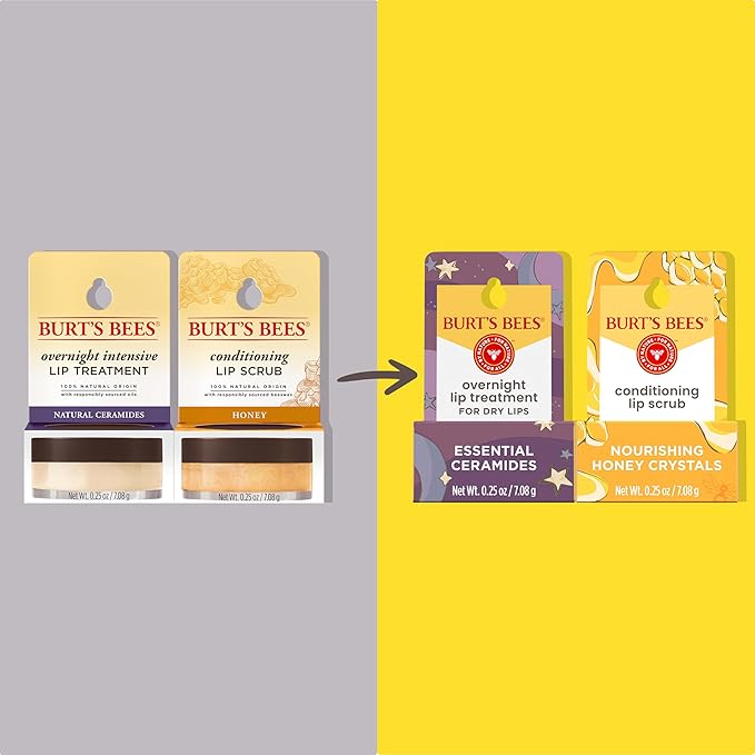 Burt’s Bees Conditioning Lip Scrub and Overnight Intensive Lip Treatment, With Ceramides, College Back to School Dorm Essentials, Exfoliates and Hydrates Lips 8 Hours, Natural Origin, 2 Jars, 0.25 oz