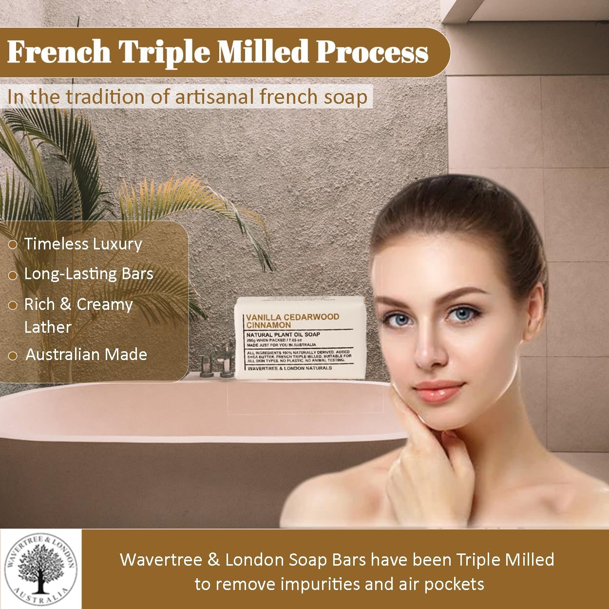Wavertree & London Vanilla, Cedarwood, & Cinnamon Scented 100% Natural Soap Bar, 7oz Moisturizing French Triple Milled Soap Bar for Women & Men enriched with shea butter - Pure Bath & Body soap bar