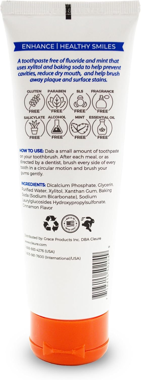 Cleure Natural Cinnamon Toothpaste - Flavor-Free, Fluoride-Free - Helps Whiten Teeth - Natural Great Taste for Children & Adults - Cinnamon Flavor (4oz Tube, Pack of 1)