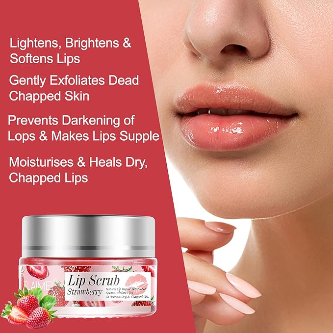 Lip Scrub, Exfoliator & Moisturizer, Lip Repair for Lush Soft Lips, Chapped Dry and Flaky Lips Treatment (Strawberry)