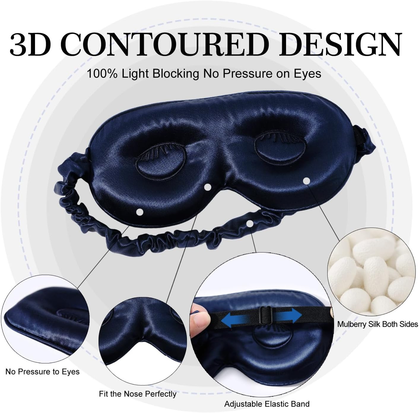 ZIMASILK Adjustable 22 Momme 100% Pure Mulberry Silk Sleep Mask, 3D Contoured Cup Eye Mask for Sleeping, Super Soft Breathable Blindfold, Perfect Blocks Light for Sleeping. (Navy Blue)
