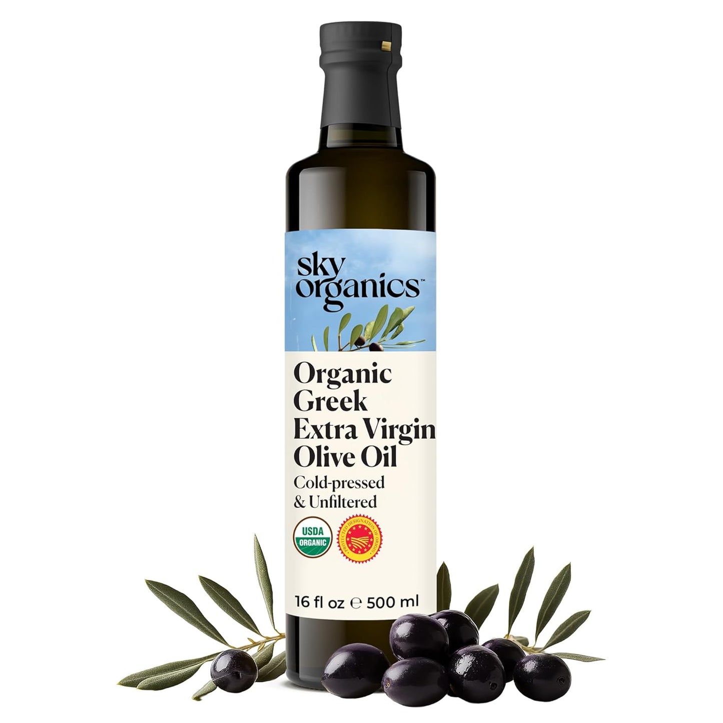 Sky Organics - Organic Extra Virgin Olive Oil, 16 fl oz - Cold Pressed & Unfiltered - Bright, Fresh, Authentic Flavor - Sourced from Farmers in Greece - 100% Pure - Kosher - Natural, Vegan, & Soy Free
