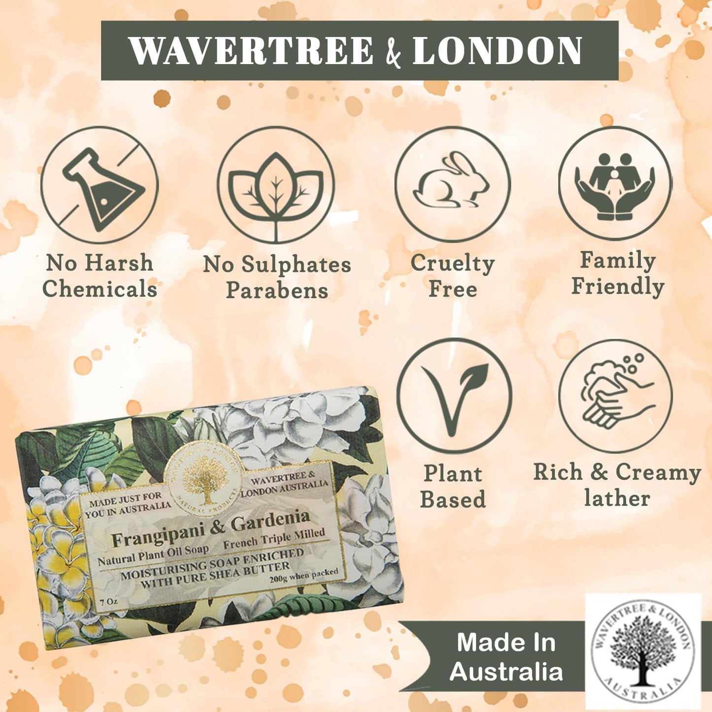 Wavertree & London Frangipani & Gardenia Scented Natural Soap (1 Bar), 7oz Moisturizing French Triple Milled Soap Bar for Women & Men enriched with shea butter - Pure Bath & Body soap bar