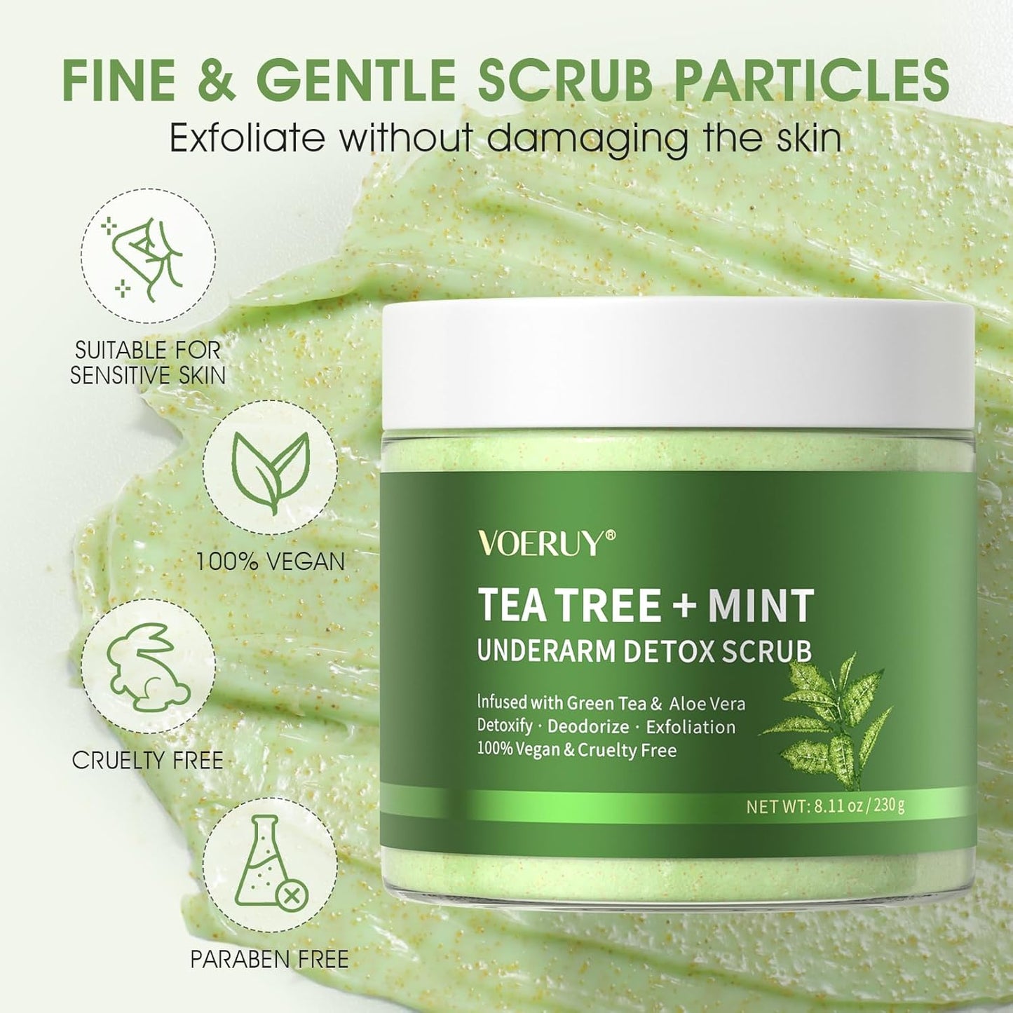 Armpit Detox Scrub with Tea Tree, Mint & Walnut Shell Powder, Underarm Scrub for Removing Odor & Exfoliating, Dark Armpit Remover, Natural Unisex Body Deodorant for Full Body Care 8.11 Oz