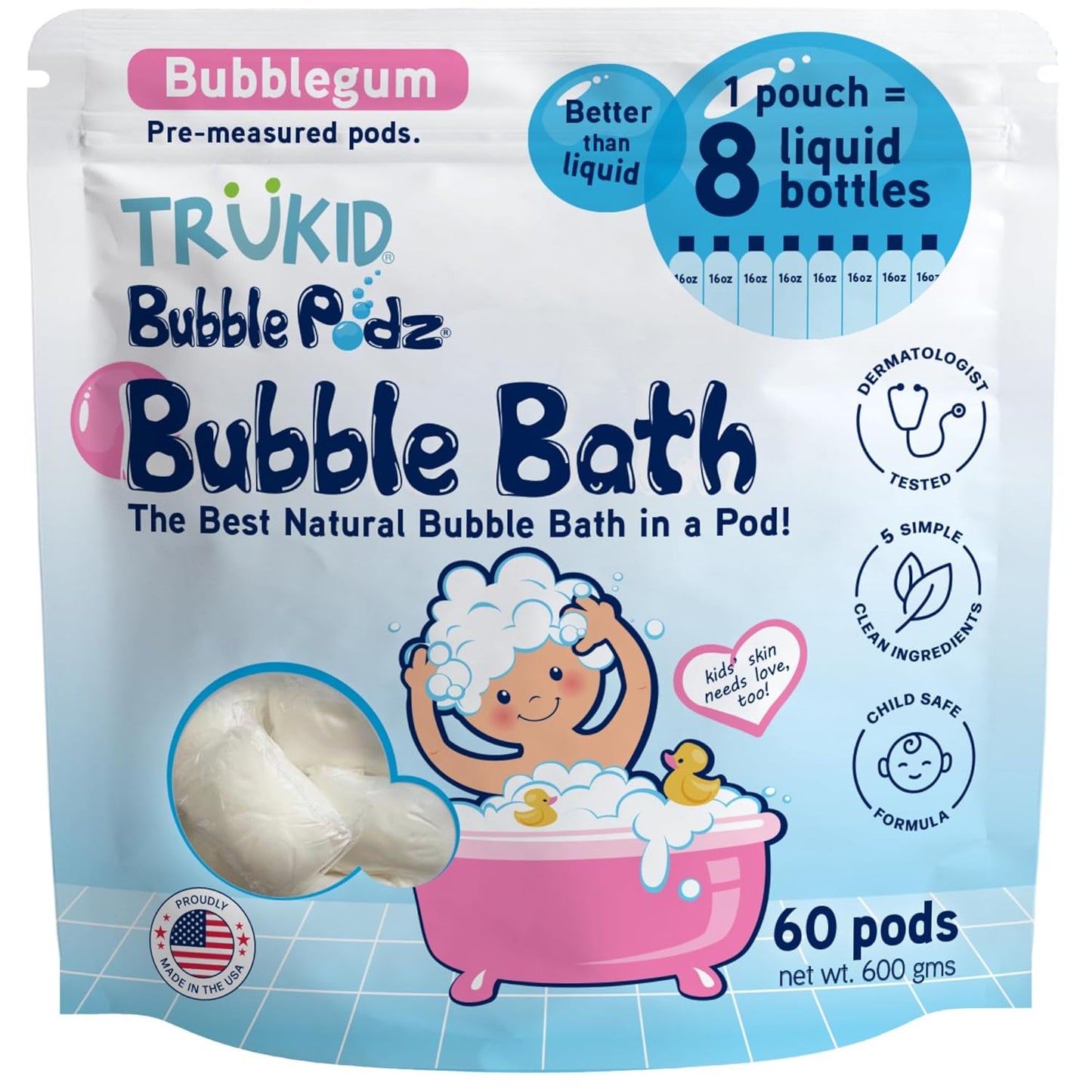TruKid Bubble Podz Bubble Bath for Kids, Toddlers, & Babies, Tear Free Gentle & Refreshing Bath Bomb for Sensitive Skin with Natural Moisturizers, Non-Toxic, pH Balanced, Bubble Gum Scent (60 Podz)