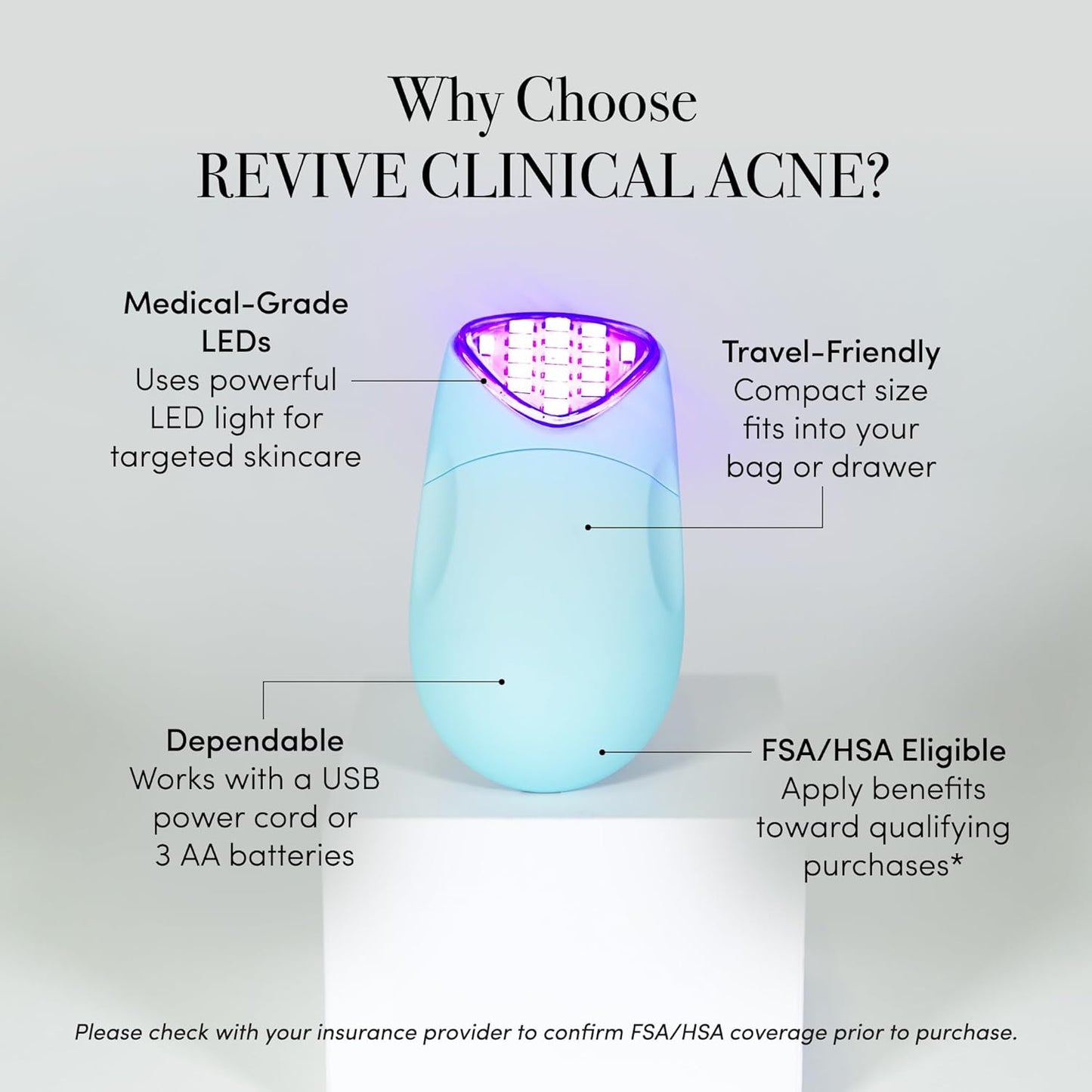 reVive Essentials Acne Device, FDA-cleared Red & Blue Light Acne Tools, Medspa Quality LED Light Therapy Products, Portable Triangular Design Face Tools for Skincare, Battery or USB Power