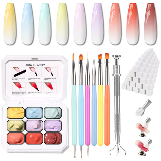 Sponge Pat Paint Nail Gel & Tools Kit, 9 Colors Ombre Nails Gradient Gel Nail Blush Blooming Aura Nails Drawing Stripper Floral Painting Nail Art, No Wipe, UV/LED Curing (9 Colors Set A)