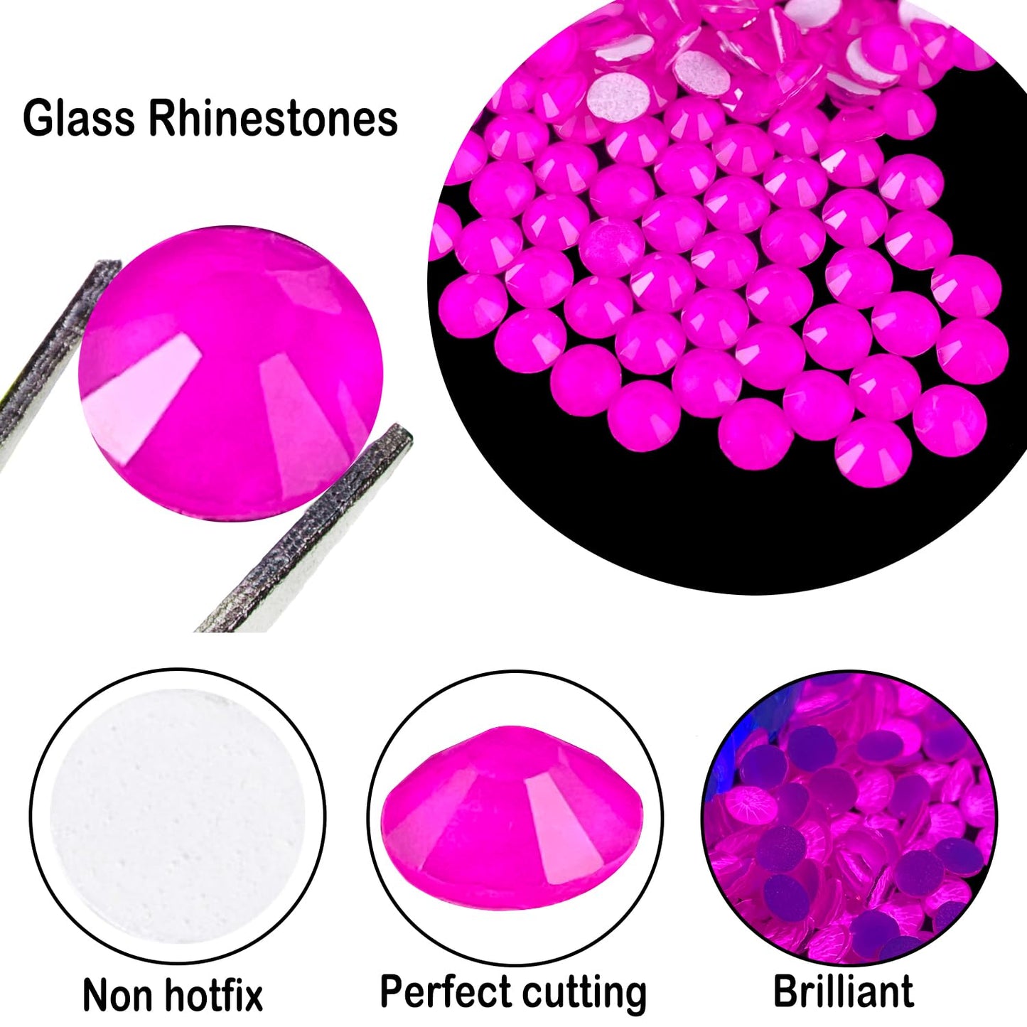 Flatback Glass Rhinestones,Bedazzler Gems 1440pcs Non Hotfix Crystal Rhinestones for Nail Charms Crafts Clothes Tumblers,Rosy Pink Neon,SS10
